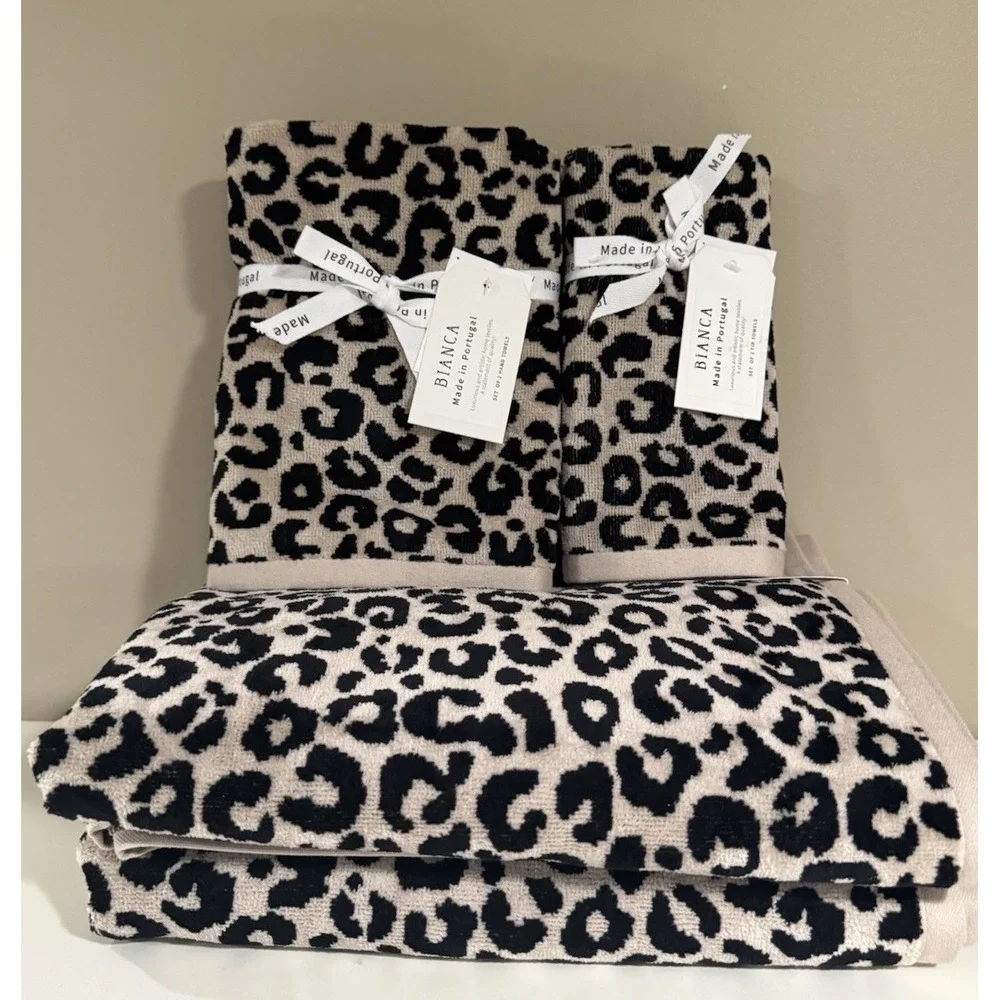 New Bianca Luxe Cheetah Leopard 6 Pc Towel Set Black Taupe (2 Bath 2 Hand 2 Tip)